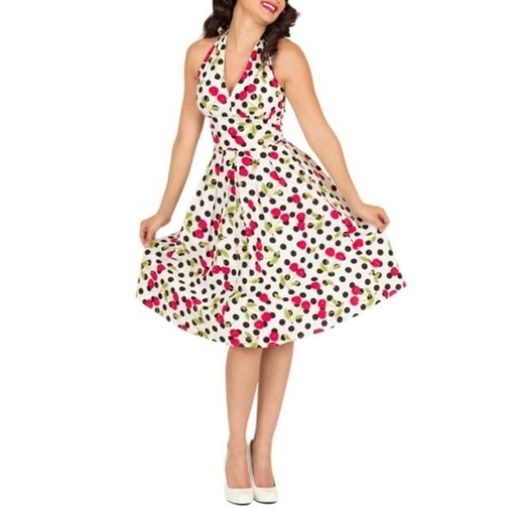 Tatyana Black & White Polka Dot halter  Dress Red Cherry Print size large NWT